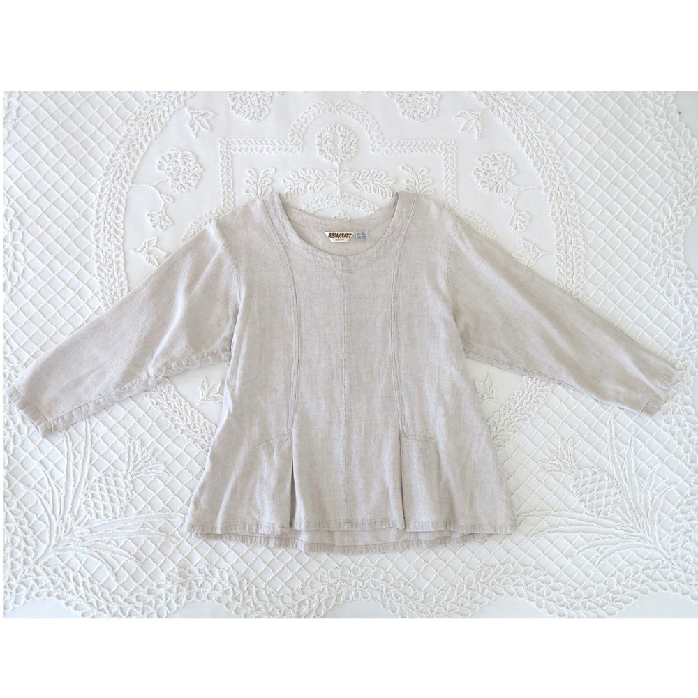 Asiacraft Textiles Linen Rayon Top Beige Med Handmade Indonesia Peplum Lagenlook